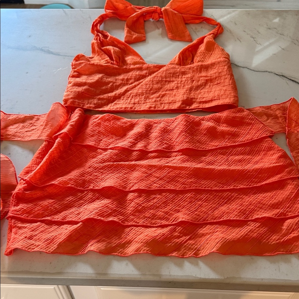 Peppermayo Bright Orange Mini Skirt and Halter Top Set